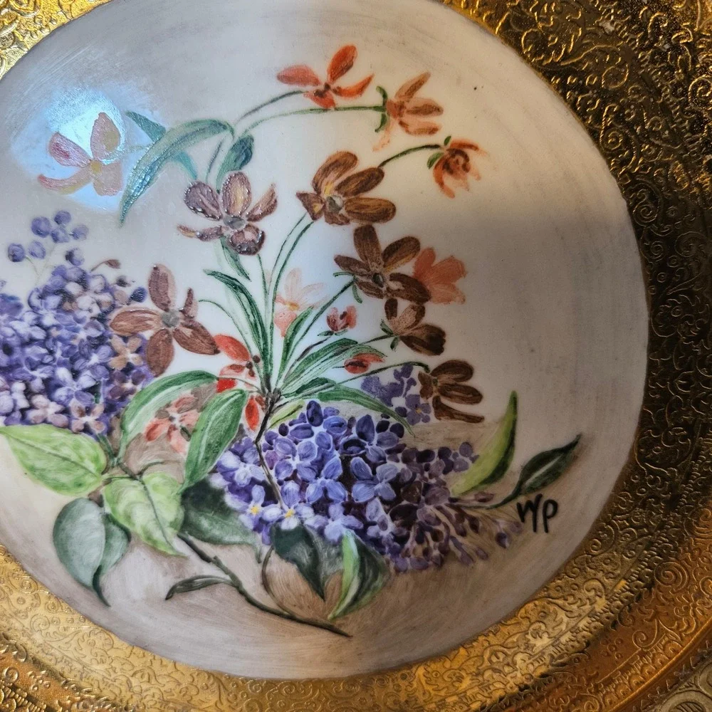 Vintage Signed Winifred Prentice 1948 Hand Painted Lilac Porcelain Plate Gold